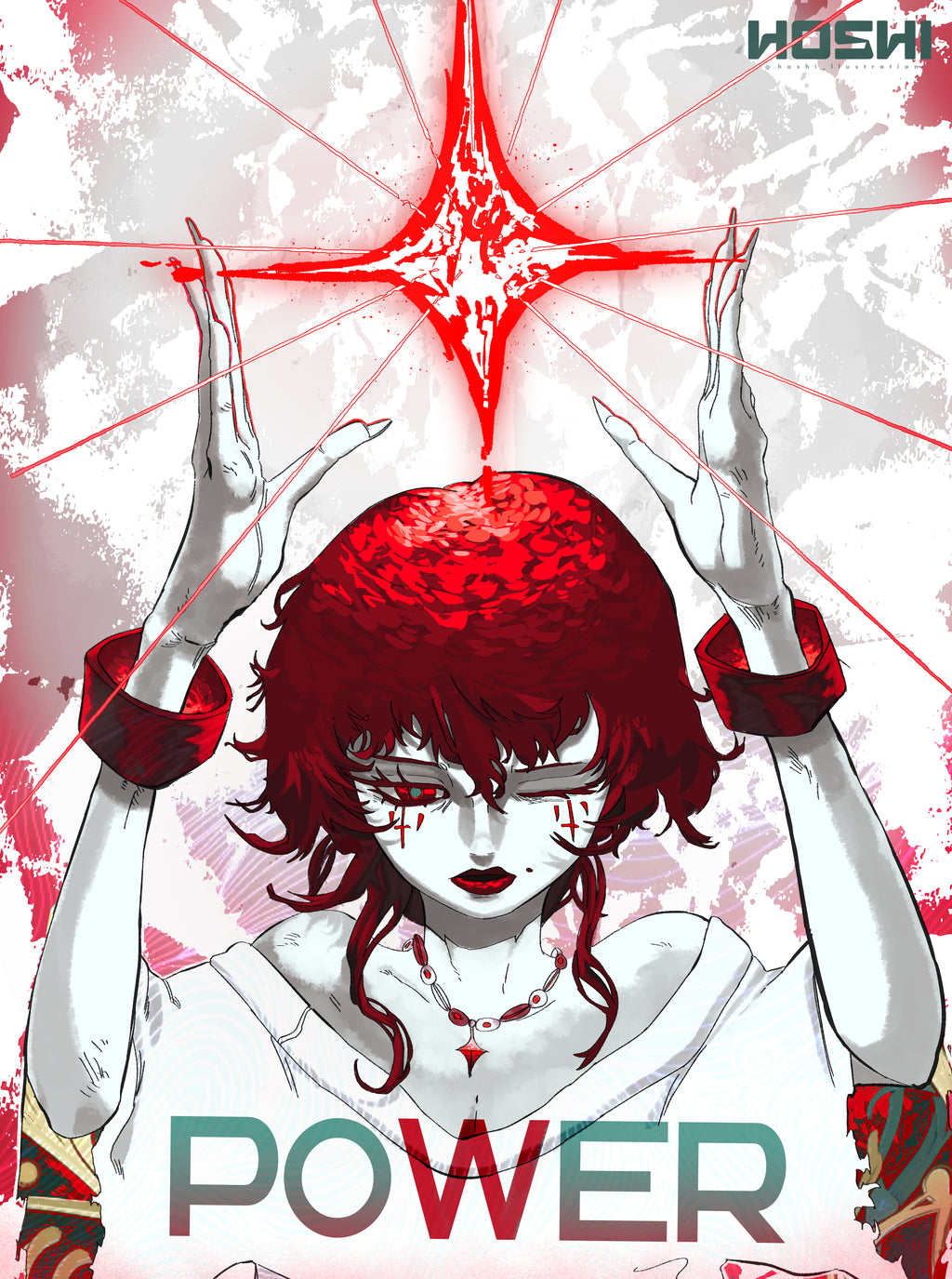 poster anime power • illustration manga rouge et blanc • art mural anime dark • poster personnage féminin anime • affiche manga premium • décoration chambre anime • illustration dark fantasy rouge • poster artiste indépendant • Hoshi illustration • art mural manga monochrome • poster anime cheveux rouges • illustration mystique étoile • poster anime sang • affiche manga intense